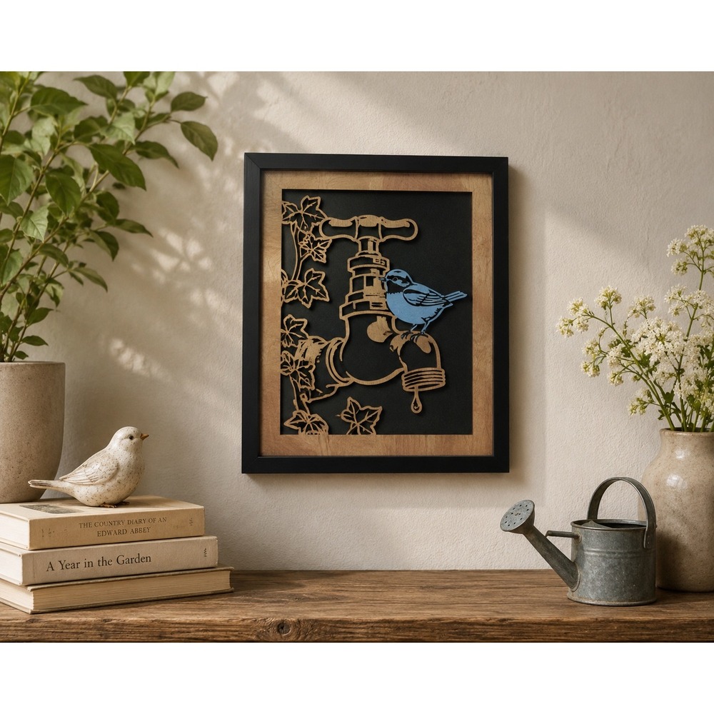 Layered Wood Bluebird Wall Art 11x14 Framed‎ Bird on Water Pump Farmhouse Decor